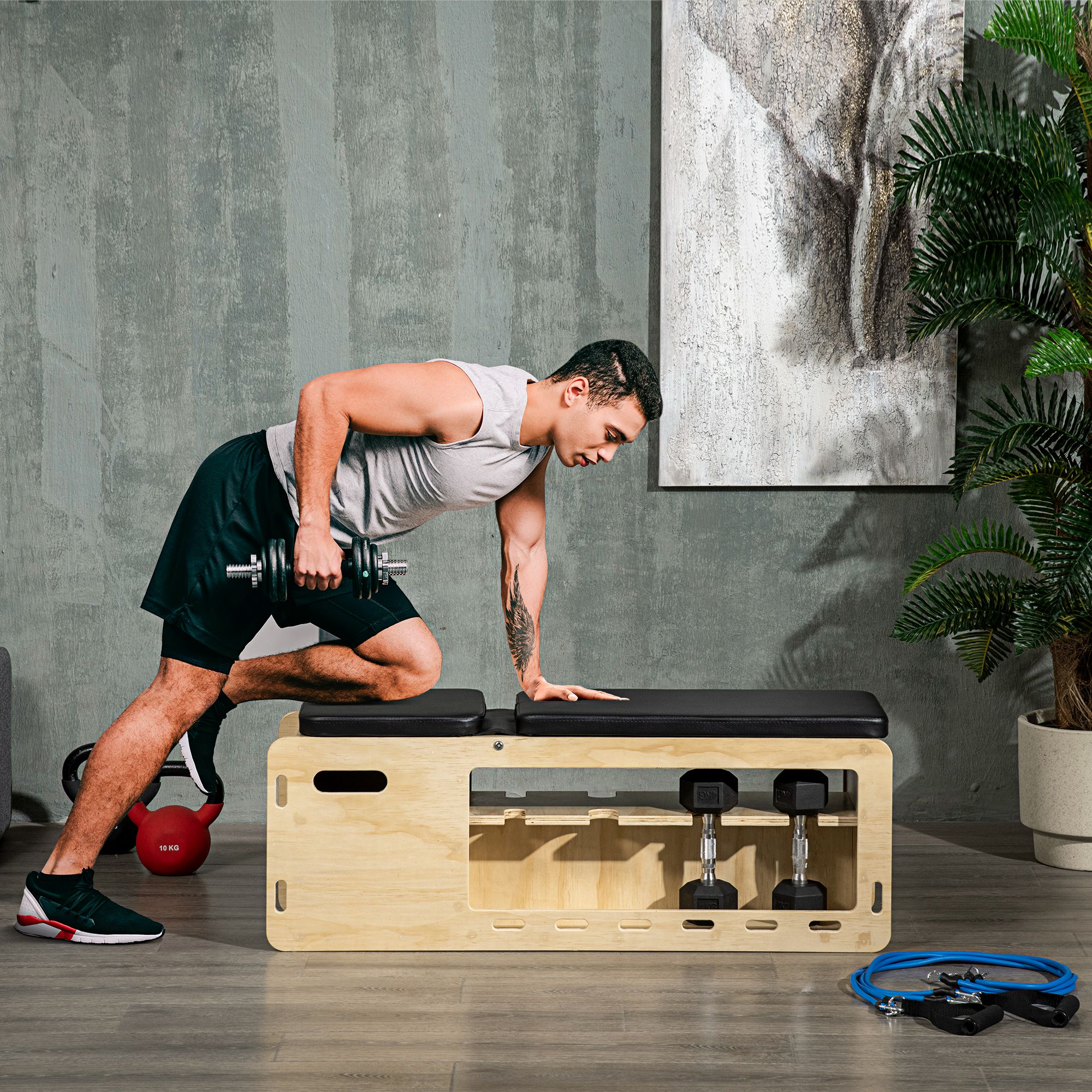 Adjustable Incline Weight Bench — Wooden Home Gym with Dumbbell Rack