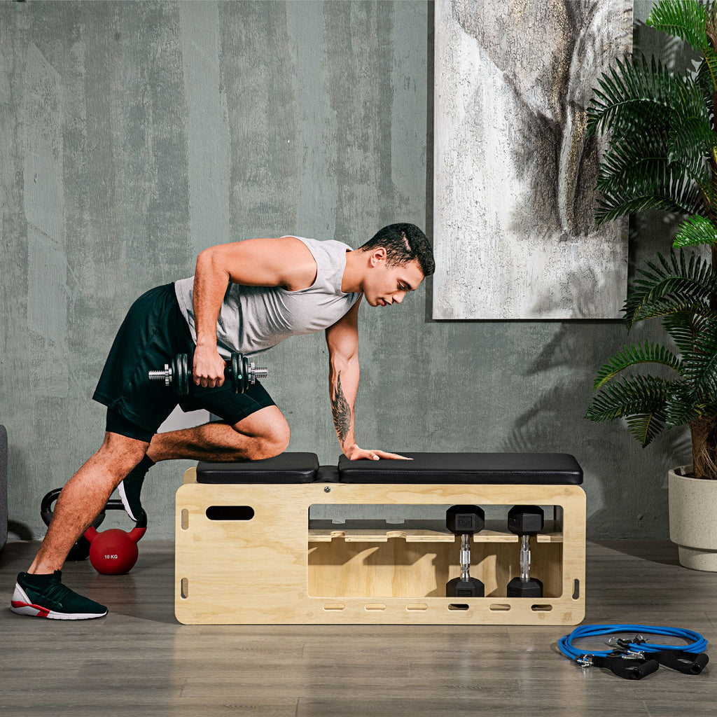Adjustable Incline Weight Bench — Wooden Home Gym with Dumbbell Rack
