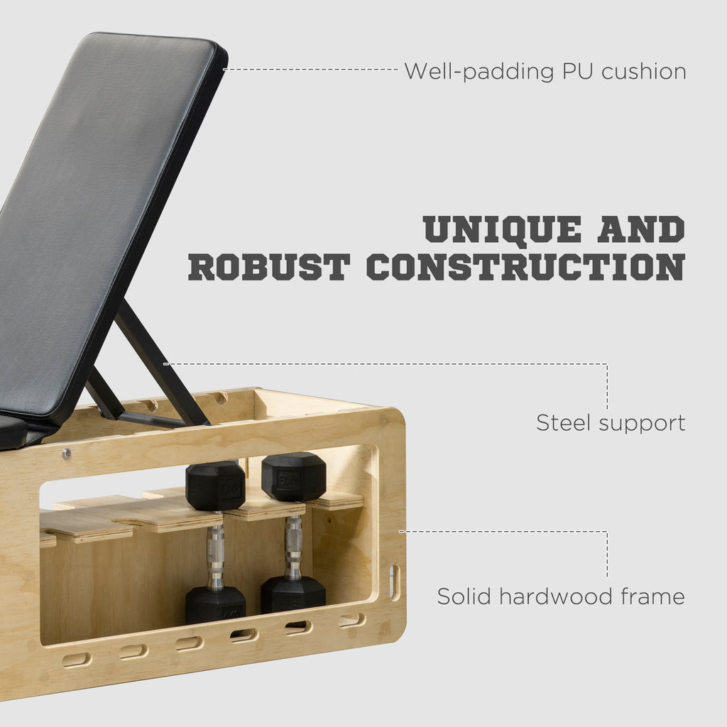 Adjustable Incline Weight Bench — Wooden Home Gym with Dumbbell Rack