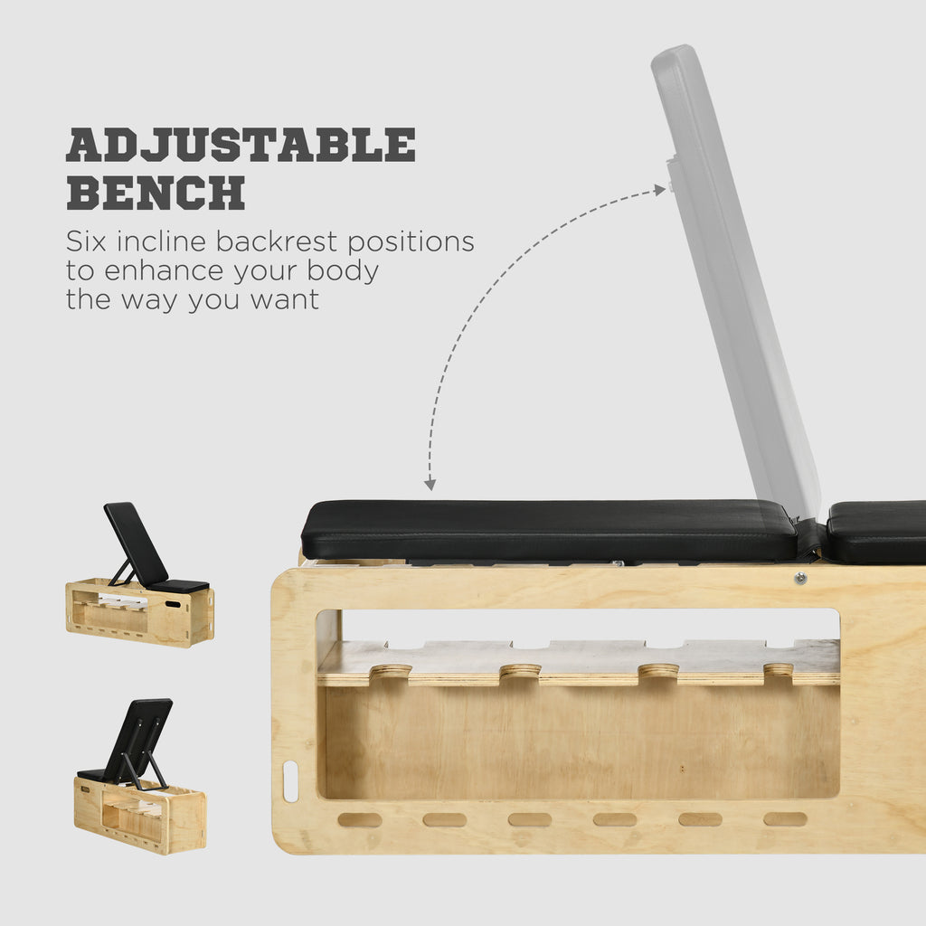 Adjustable Incline Weight Bench — Wooden Home Gym with Dumbbell Rack