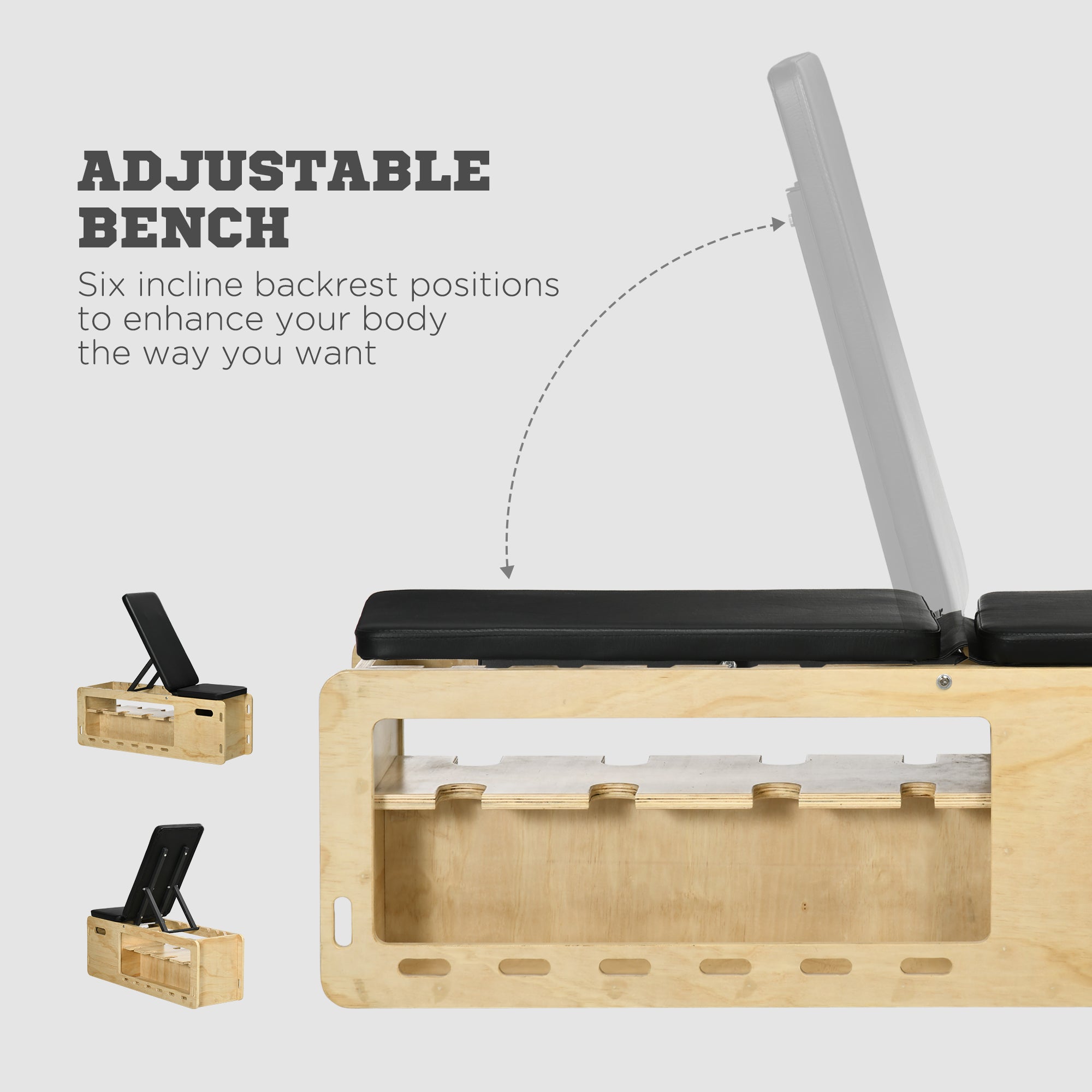 Adjustable Incline Weight Bench — Wooden Home Gym with Dumbbell Rack
