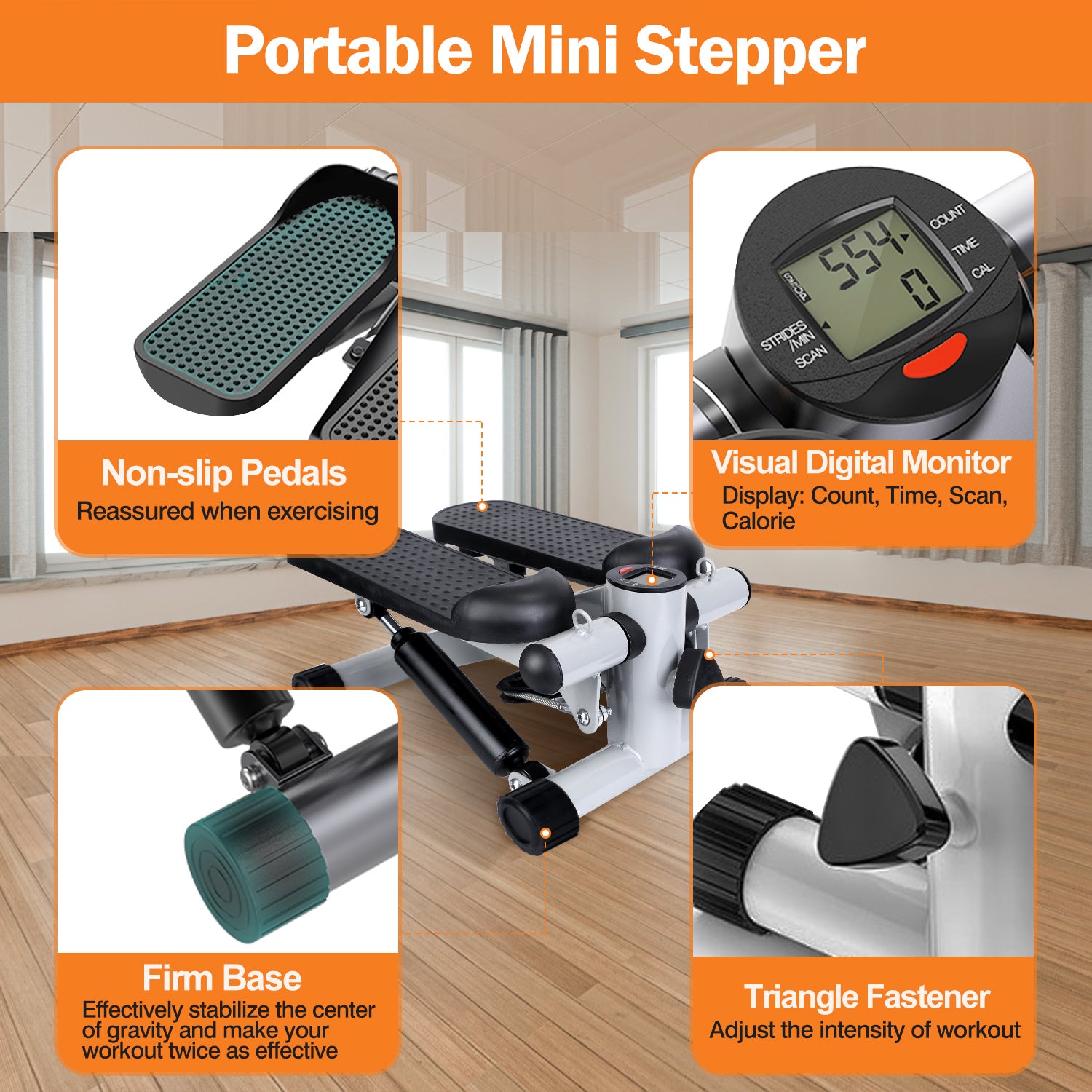 Mini Stair Stepper with Resistance Bands — LCD Monitor, 330 lb Capacity